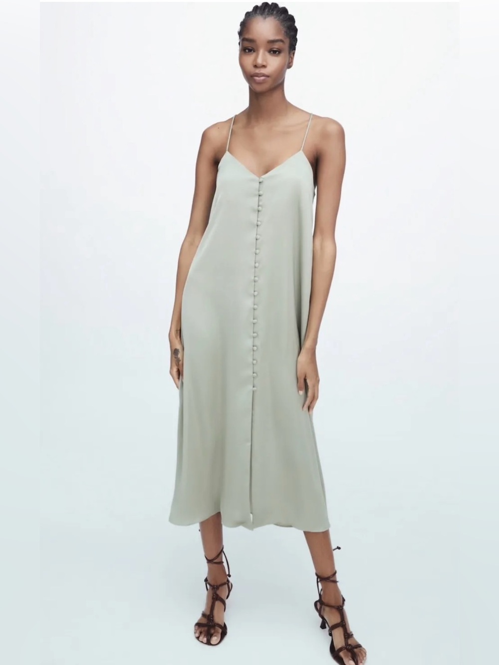 ZARA Satin Button-Front Slip Dress in Sage Green - Size M